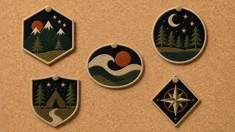 Several event-themed collector patches pinned to a corkboard