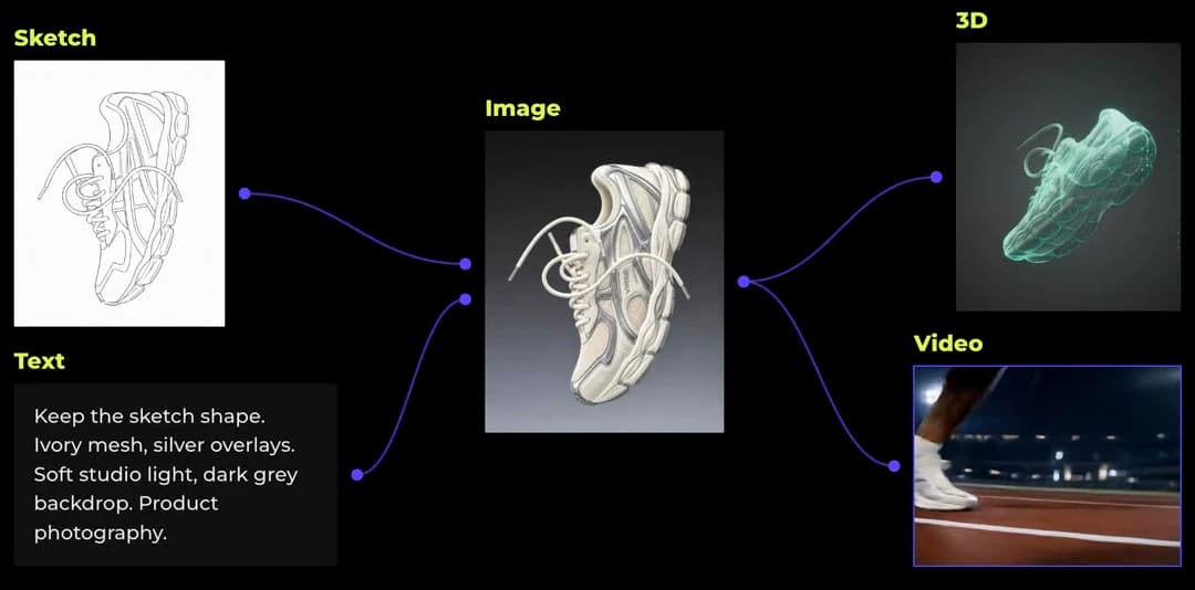 A shoe sketch and text prompt connect to a product image, which branches into 3D and video.