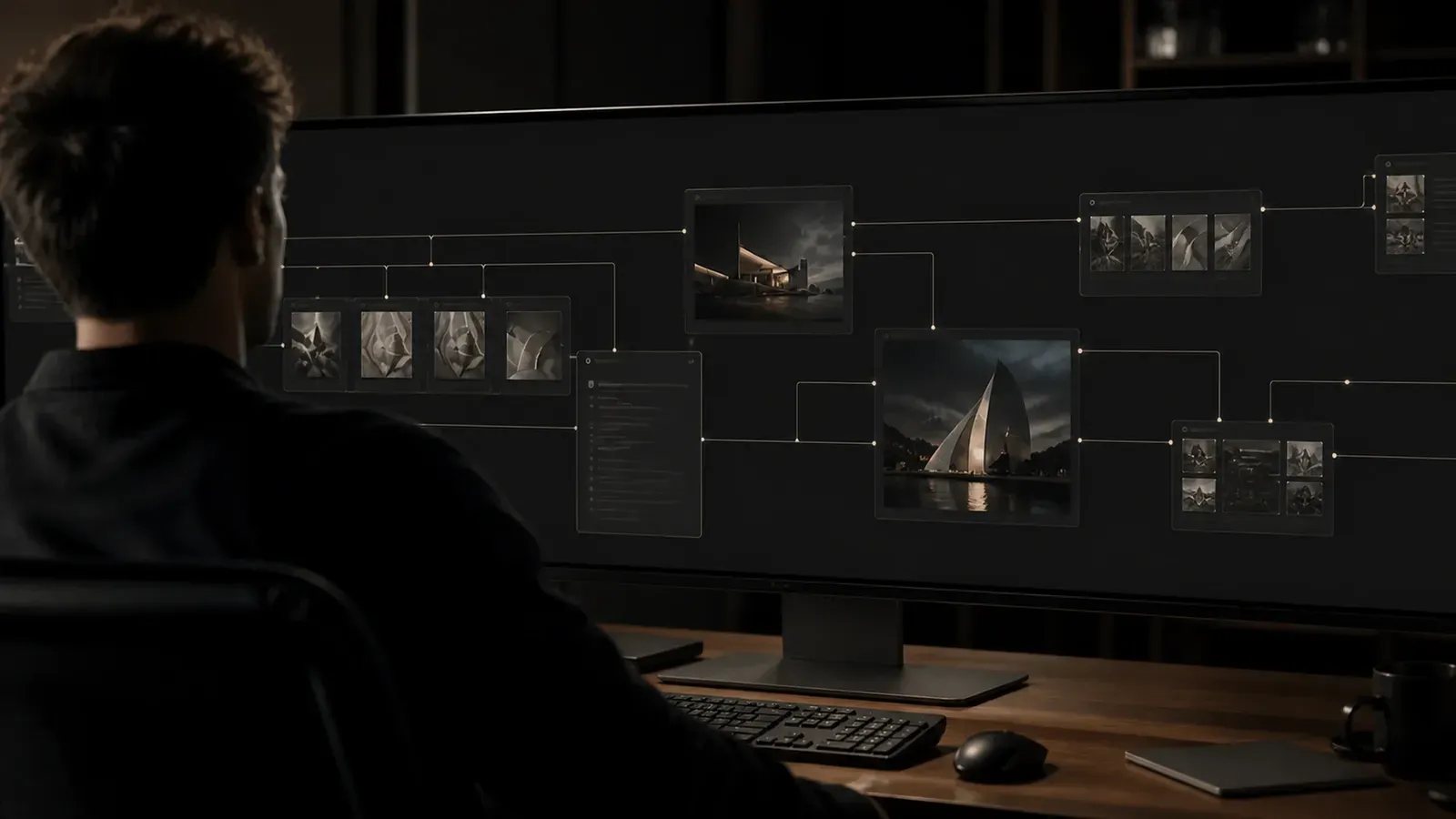 One designer viewing a full infinite canvas workspace on a large monitor