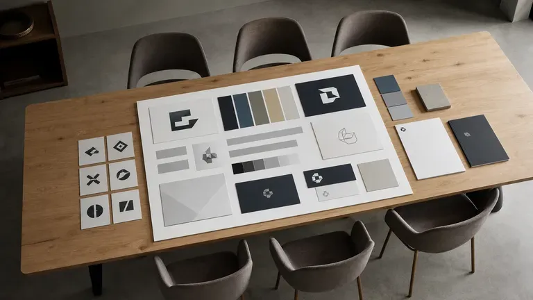A pitch board laid out on a long meeting room table in front of several chairs