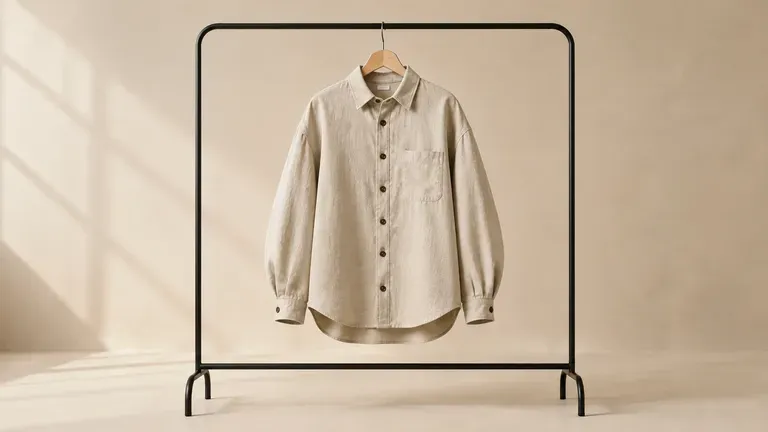 A statement-silhouette garment hanging on a simple clothes rail
