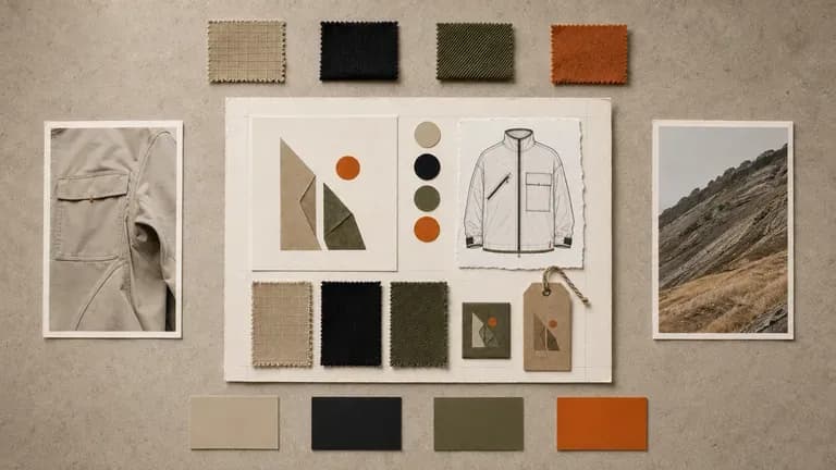 A complete clothing brand board surrounded by fabric swatches, colour cards and references