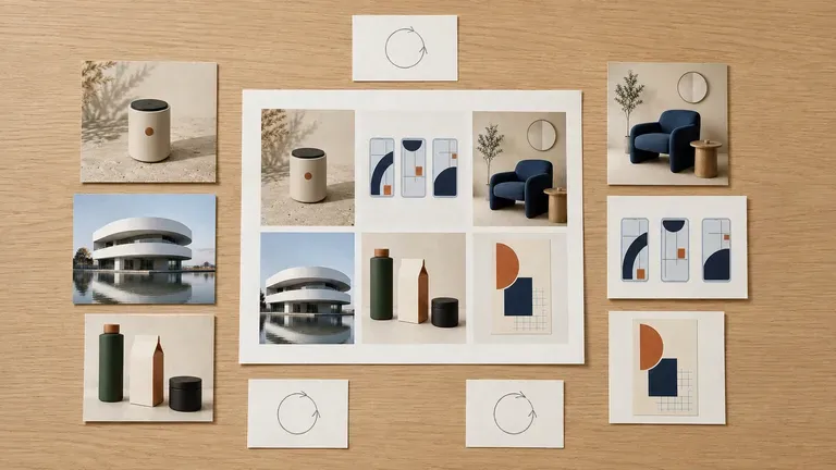 A complete portfolio page surrounded by loose project images and handwritten notes