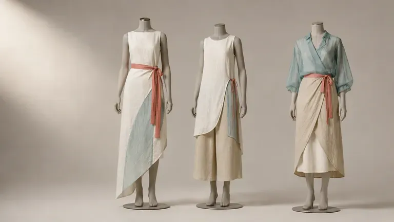 Three resort-style collection looks on dress forms suggesting an independent designer's work