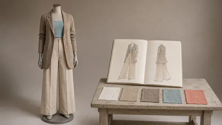A collection look on a dress form beside a sketchbook and fabric swatches