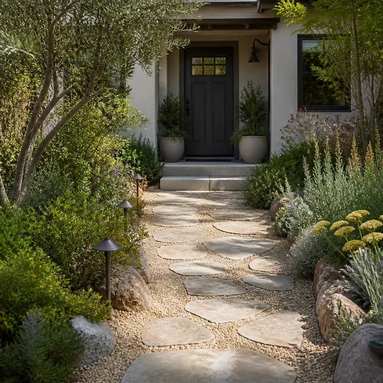 A close-up of a redesigned front yard entrance