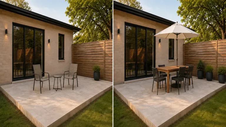 An ordinary patio shown before and after an outdoor redesign