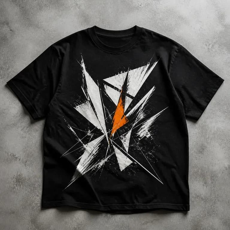 A close-up of a bold, high-contrast streetwear-style graphic on a T-shirt
