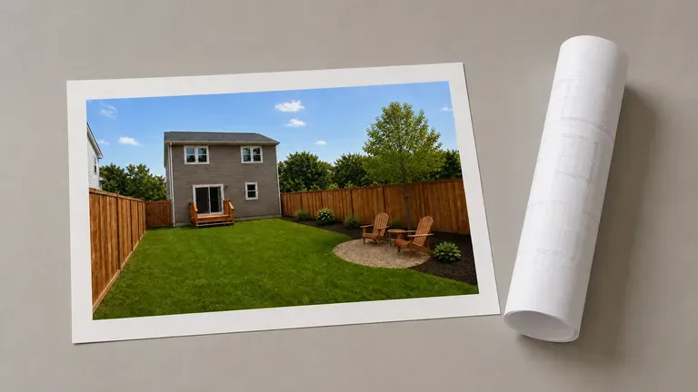 A yard concept preview beside a rolled site plan prop