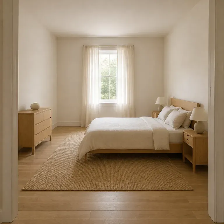 A close-up of a warm minimal bedroom after a redesign