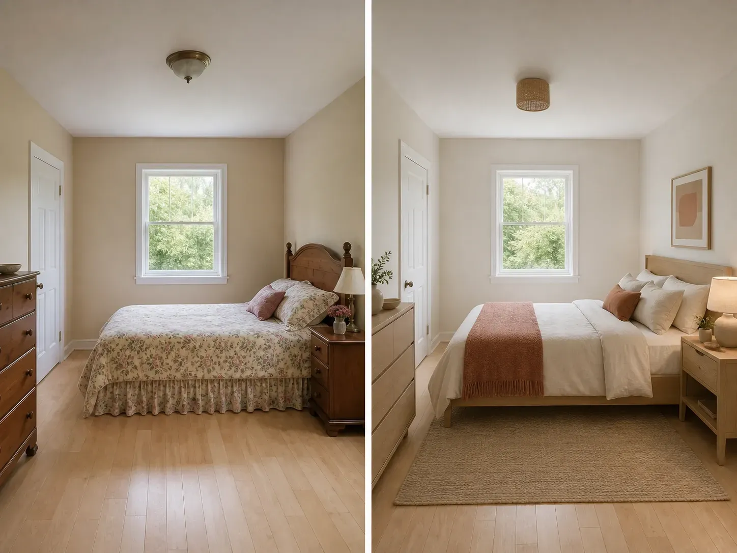 An ordinary bedroom before and after: the same camera position and door and window, now warm and minimal