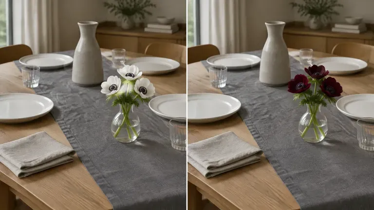 A dinner table photographed twice where only the flower colour differs