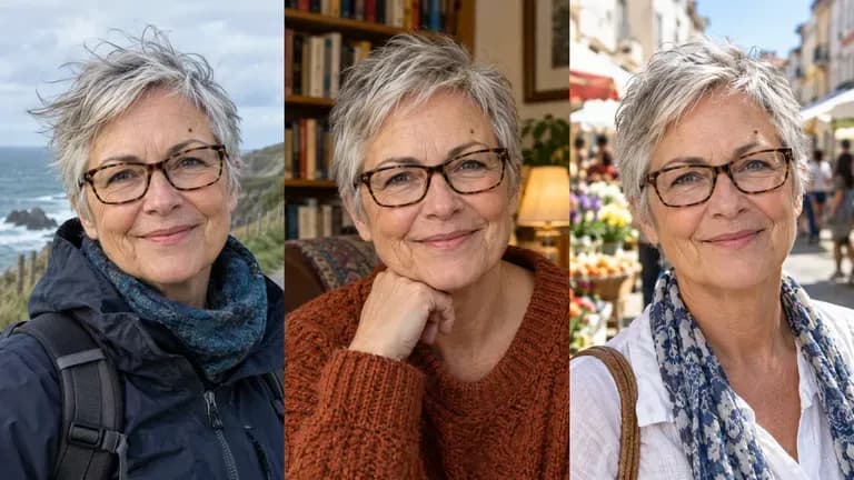 The same fictional woman photographed in three different settings