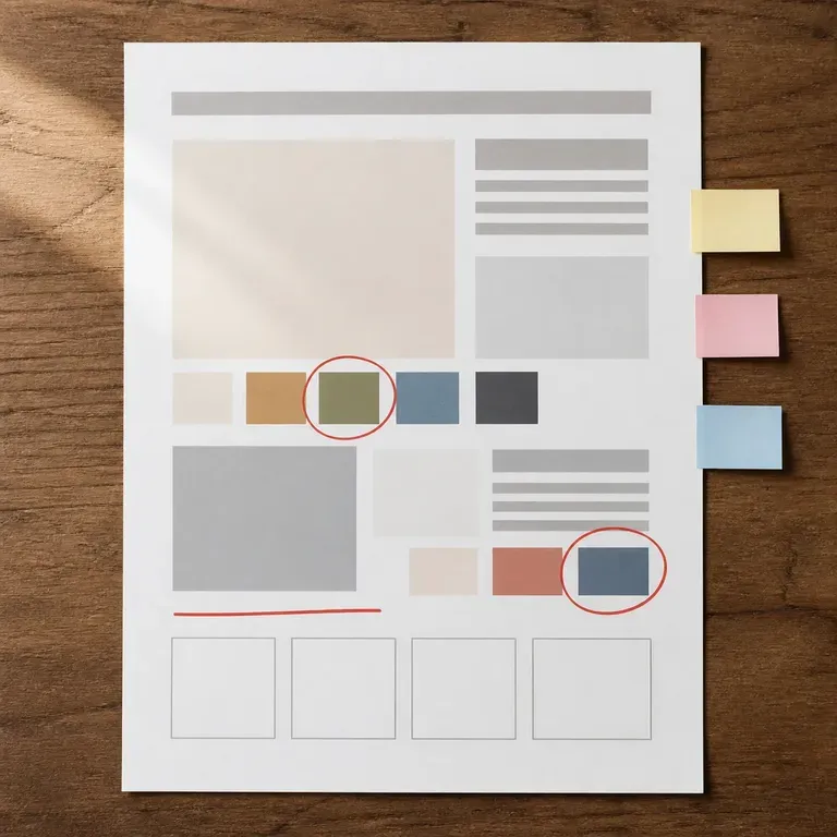 A design review document with visible red pen circles and sticky notes