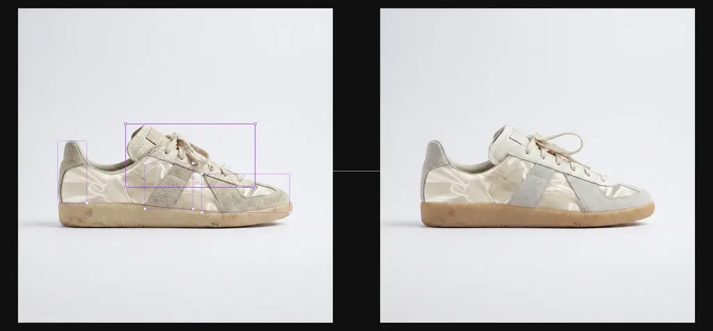 Before and after of a blurred shoe region replaced with high-resolution material
