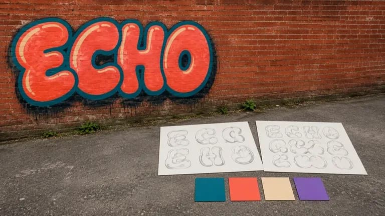 A wall graffiti piece beside sketch references and colour swatches, suggesting a wall preview