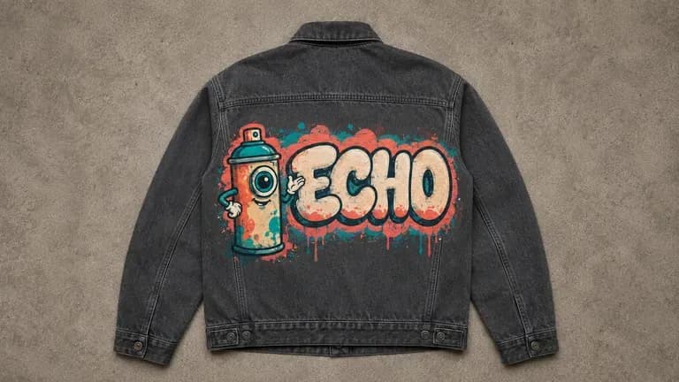 A graffiti-style graphic printed on the back of a jacket