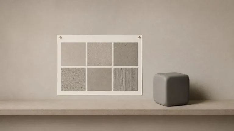 A printed six-tile material set pinned beside a shaded grey 3D object on a neutral wall