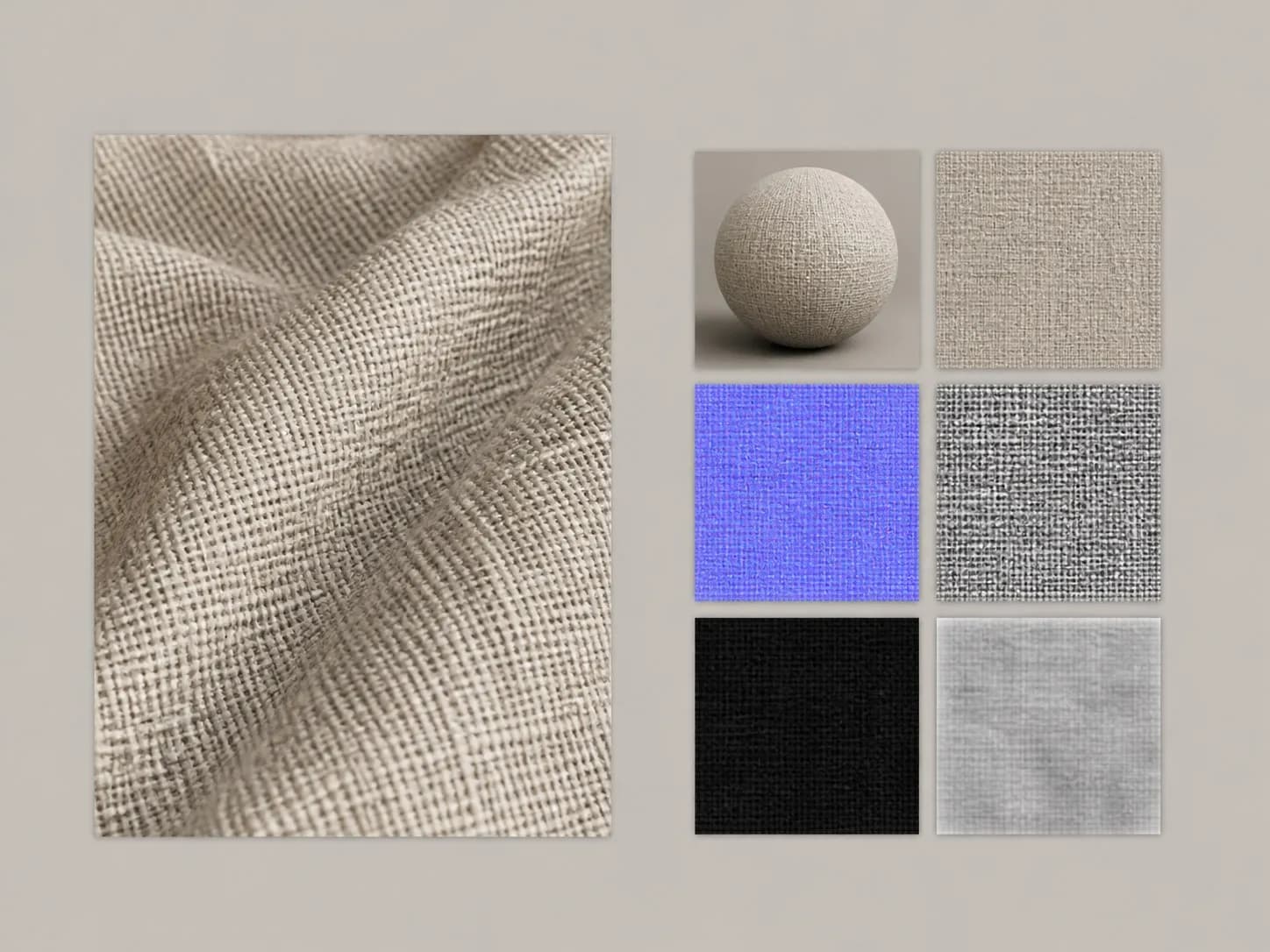 A close-up photograph of woven fabric on the left and a six-tile set of extracted material channels on the right