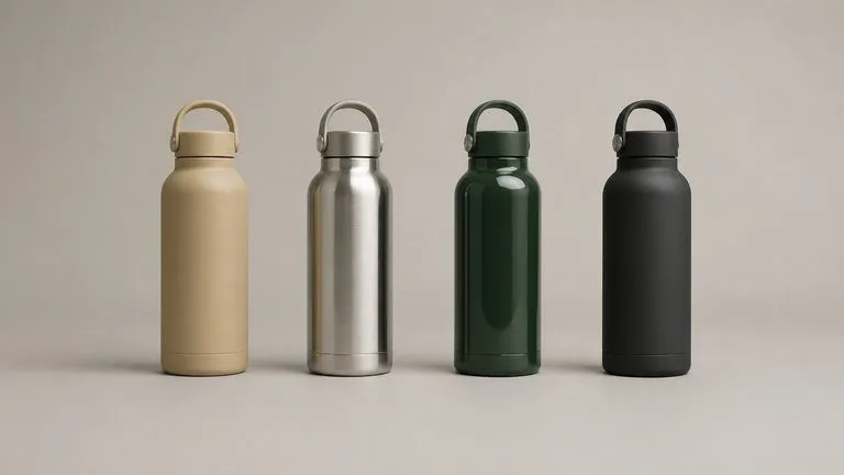 One insulated water bottle rendered four times in four finishes, evenly spaced in a row